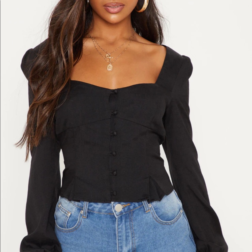 PrettyLittleThing Black Square Neck Button Blouse